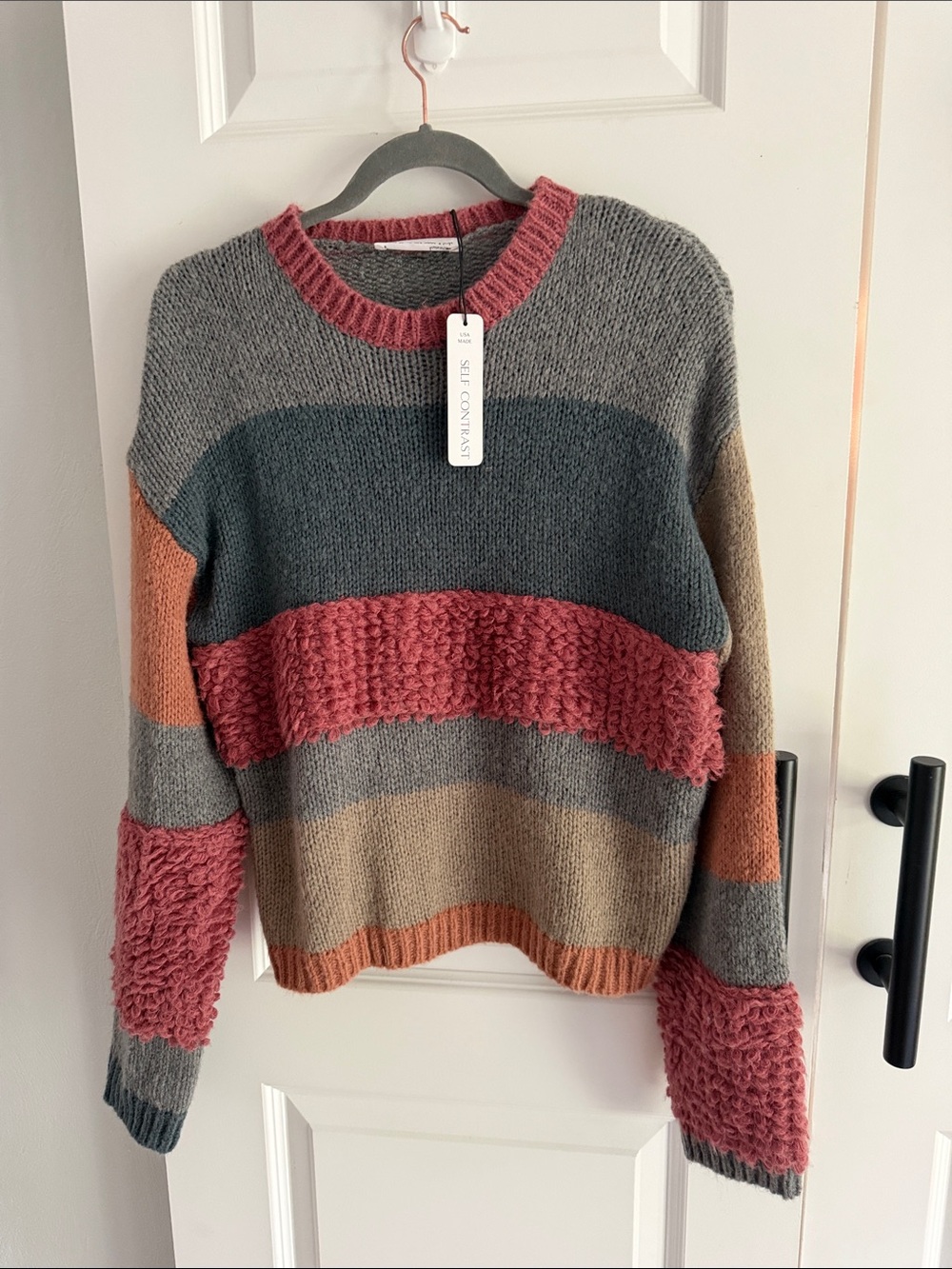Self Contrast Charcoal Peach Striped Textured Crewneck Sweater - small